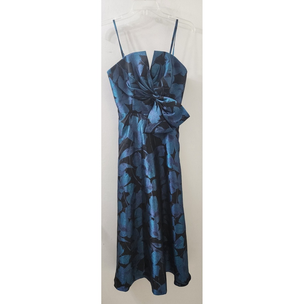 Aidan Mattox Adrianna Papell Blue Black Floral Jacquard Bow Midi Dress Size 2